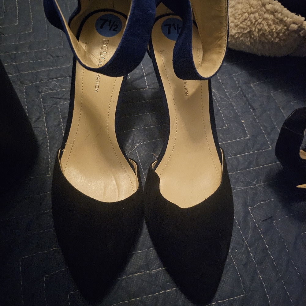 BCBG Generation Black Suede Pointed Toe with Navy Blue Strap Around Ankle